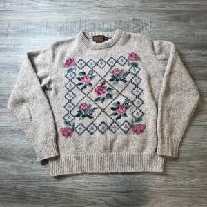Eddie Bauer Sweater Womens Medium Oatmeal Wool Blend Floral Vintage Knit T88 med